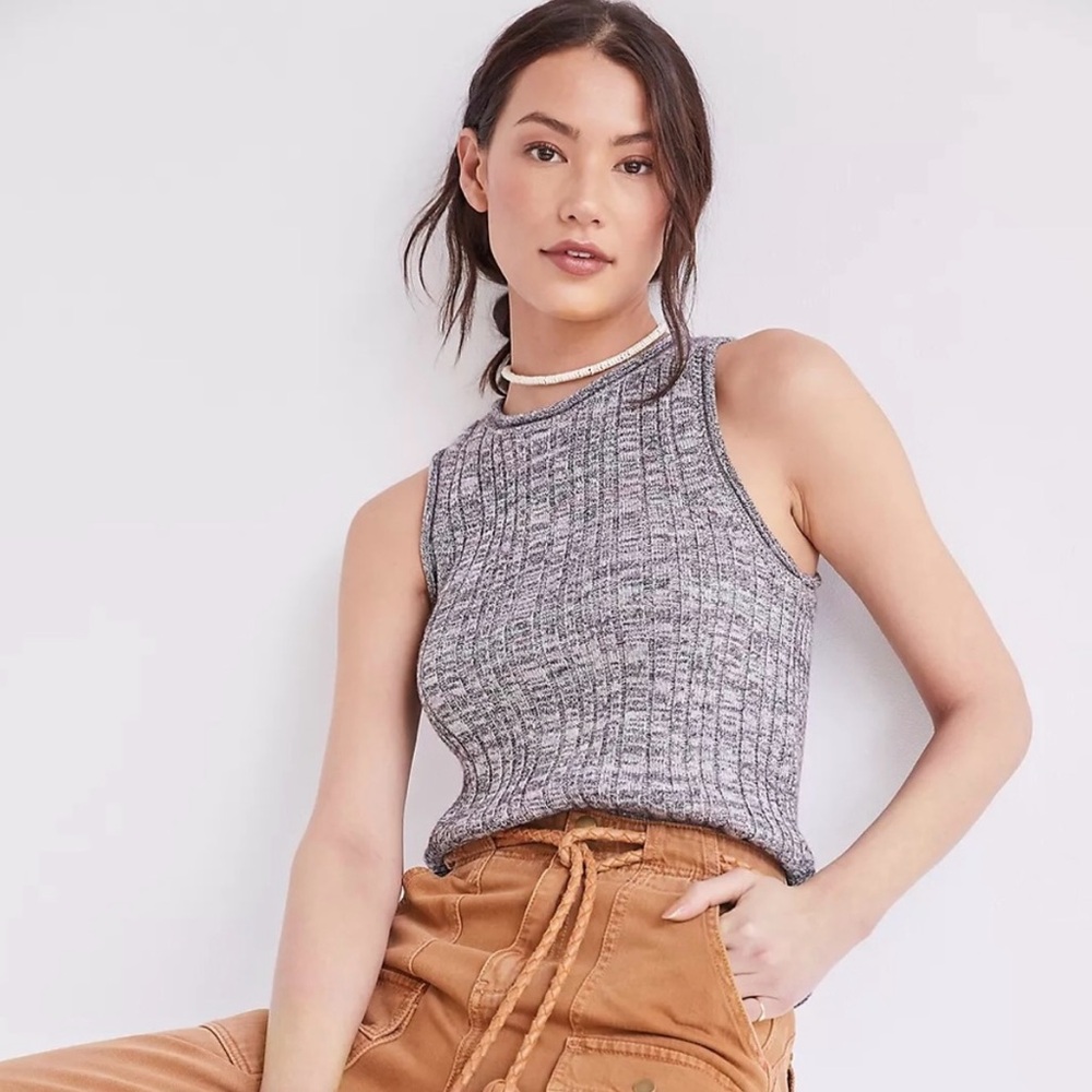 Anthropologie | Pilcro Knit High Neck Tank Ribbed Sweater Black Dark Gray Purple